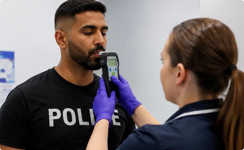A healthcare worker administers a breathalyzer test to a man in a POLICE t-shirt.